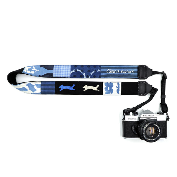 Handmade indigo-dyed, embroidered, and patchwork plant-dyed camera strap—soft against the skin, comfortable, and shock-absorbing