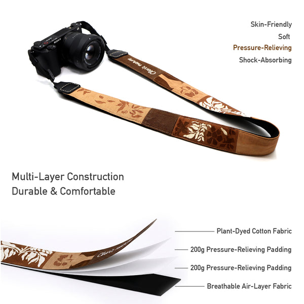 Handmade persimmon dyeing, embroidered, and patchwork plant-dyed camera strap—soft against the skin, comfortable, and shock-absorbing