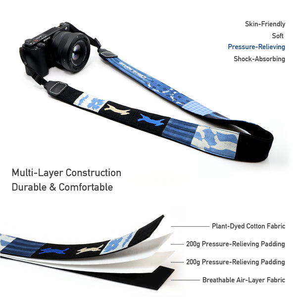 Handmade indigo-dyed, embroidered, and patchwork plant-dyed camera strap—soft against the skin, comfortable, and shock-absorbing
