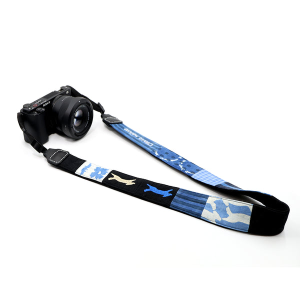 Handmade indigo-dyed, embroidered, and patchwork plant-dyed camera strap—soft against the skin, comfortable, and shock-absorbing